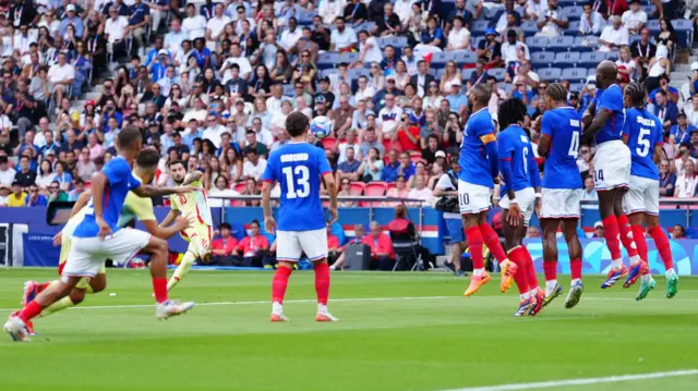 Alex Baena scores for Spain against France during the men's football final at the Paris 2024 Olympics