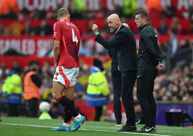 Erik ten Hag, Manager of Manchester United, gestures towards Matthijs de Ligt