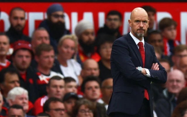 Manchester United manager Erik ten Hag reacts