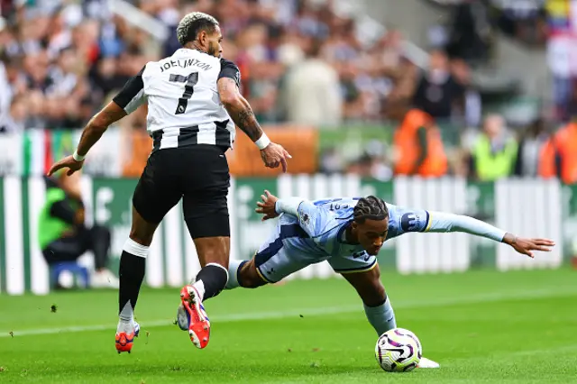 Joelinton of Newcastle United fouls Wilson Odobert of Tottenham Hotspur