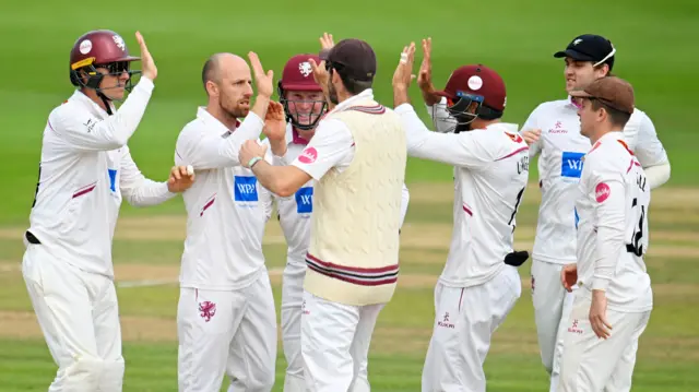 Somerset celebrate a Jack Leach wicket