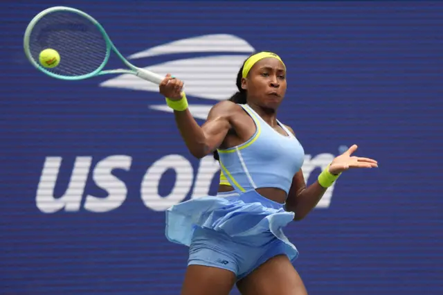 Coco Gauff hits a forehand shot