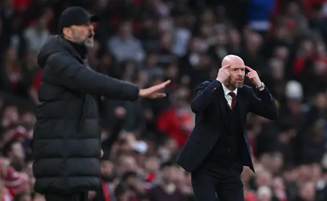 Jurgen Klopp, Manager of Liverpool, gestures as Erik ten Hag