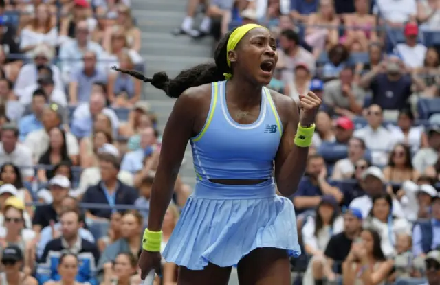 Coco Gauff roars in celebration as she pumps her fist