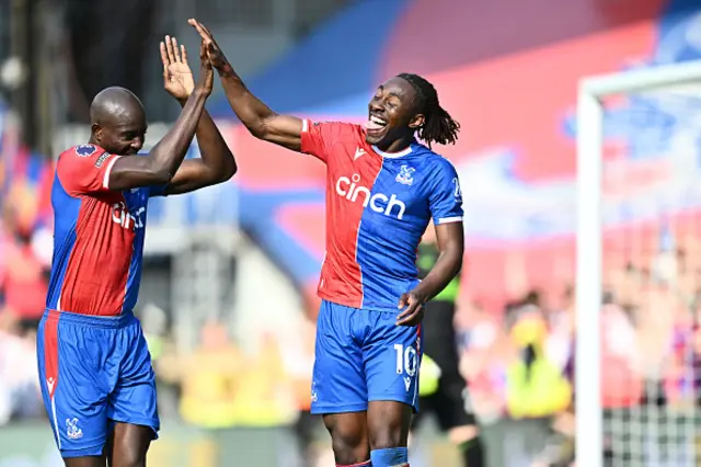 Eberechi Eze of Crystal Palace celebrate with Jean-Philippe Matete