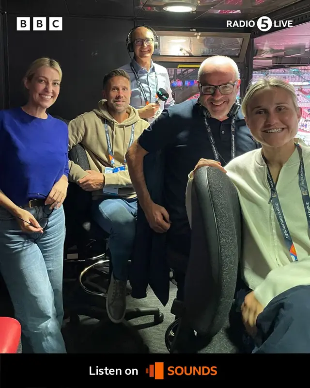 Kelly Cates, Matthew Upson, John Murray, Ian Dennis and Izzy Christiansen pose in the press box at Wembley