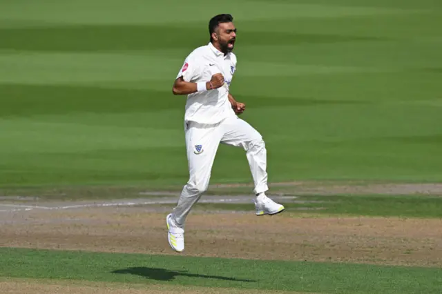 Jaydev Unadkat celebrates one of his four Glamorgan victims