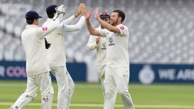 Ryan Higgins, Middlesex CCC celebrates the wicket of Ben Charlesworth