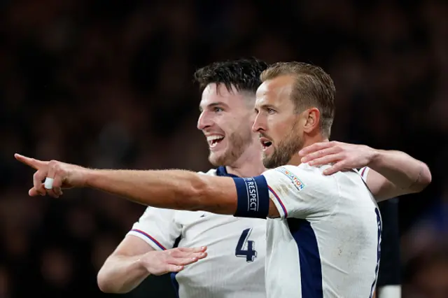 Declan Rice and Harry Kane of England celebrate 1st goal