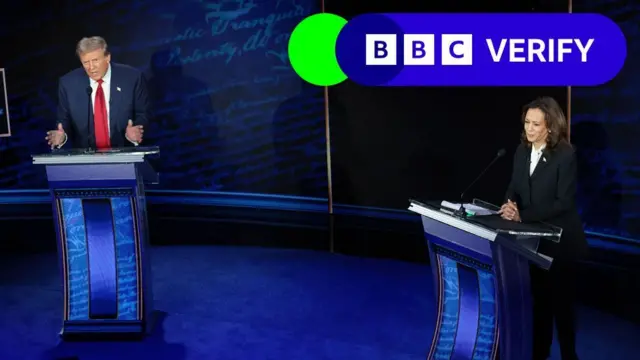 Donald Trump and Kamala Harris onstage during the debate with a 'BBC Verify' graphic in the top corner