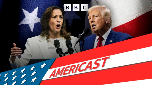 Americast composite image showing their logo with images of Kamala Harris and Donald Trump