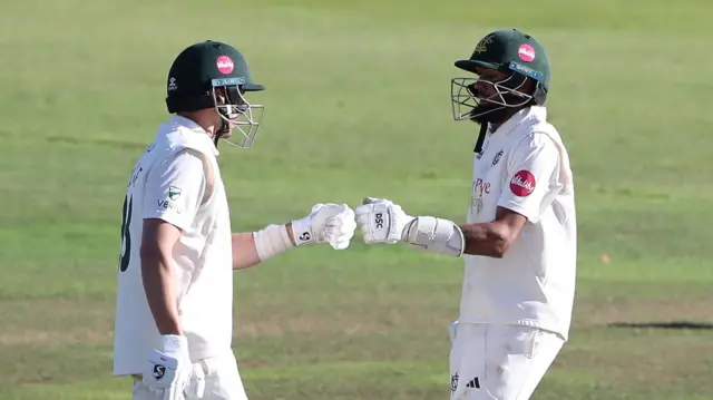 Joe Clarke and Haseeb Hameed in batting action for Nottinghamshire