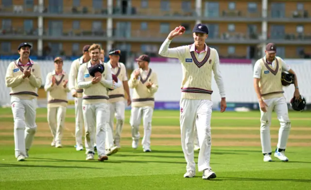 Archie Vaughan of Somerset makes his way off after taking 6 wickets during Day Three of the Vitality County Championship Division One match between Somerset and Surrey