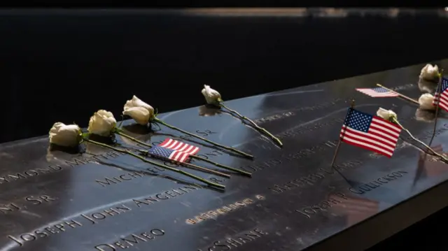 Flowers left at the 9/11 memorial in New York