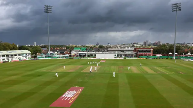 Storm clouds gathering over Grace Rd during Day 3 the Vitality County Championship Two match between Leicestershire County Cricket Club and Yorkshire County Cricket Club