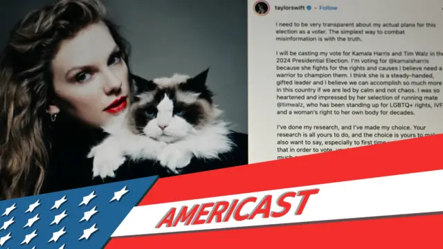 Americast composite image featuring their logo and a grab of Swift's Instagram post