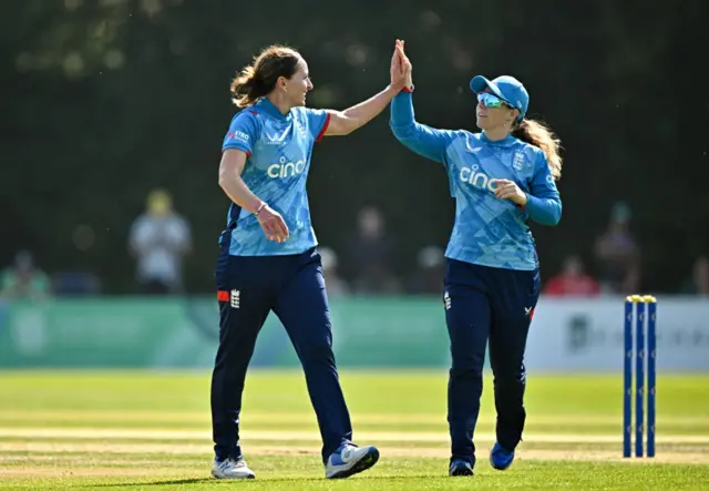 Kate Cross and Tammy Beaumont celebrate a wicket against Ireland