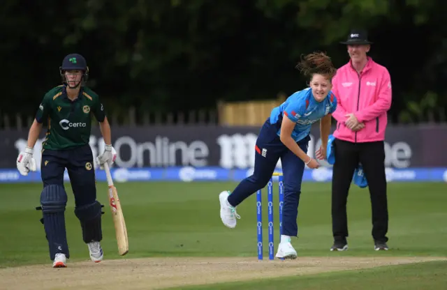 England's Lauren Filer bowling v Ireland