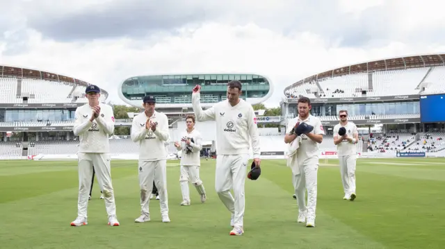 Toby Roland-Jones, Middlesex CCC acknowledges his five wicket haul