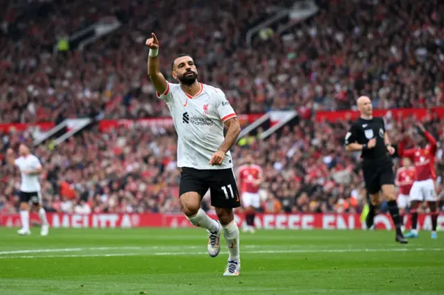 Mohamed Salah celebrating after scoring at Old Trafford