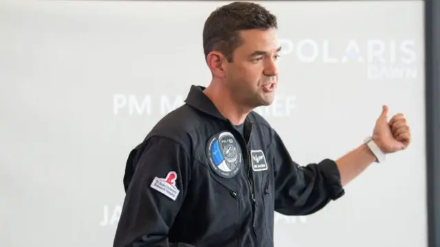 Polaris Dawn Mission Commander Jared Isaacman conducts a meeting as his flight crew performs fighter jet training to prepare for their scheduled launch aboard SpaceXs Falcon 9 rocket that will launch the Polaris Dawn mission from historic Launch Complex 39A at Kennedy Space Center.