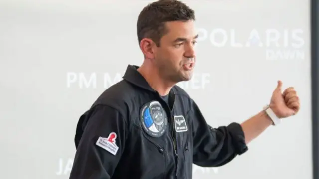 Polaris Dawn Mission Commander Jared Isaacman conducts a meeting as his flight crew performs fighter jet training to prepare for their scheduled launch aboard SpaceXs Falcon 9 rocket that will launch the Polaris Dawn mission from historic Launch Complex 39A at Kennedy Space Center.