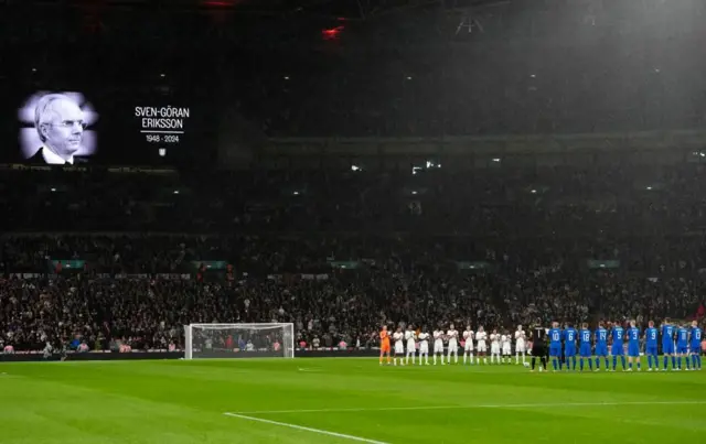 England and Finland players pay their respects to Sven Goran Eriksson with a minute’s applause before a Nations League game. A picture of Eriksson is on the big screen above the stands.