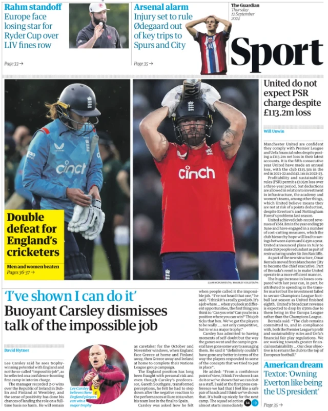 Lead sport page of the Guardian on 12 September 2024