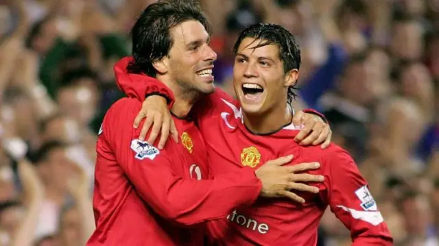 Ruud van Nistelrooy celebrates with Manchester United team-mate Cristiano Ronaldo in 2005