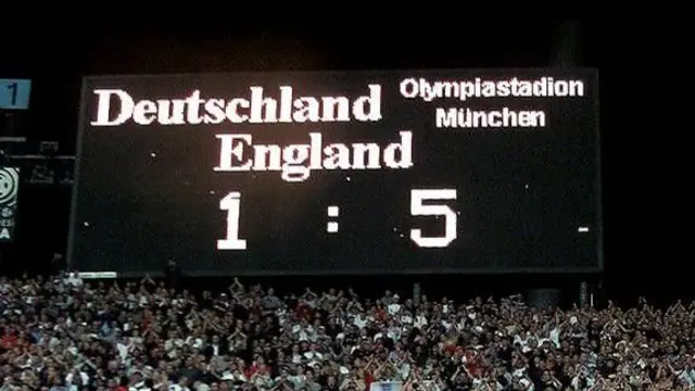 Scoreboard at England's 5-1 defeat of Germany on 1 September 2001