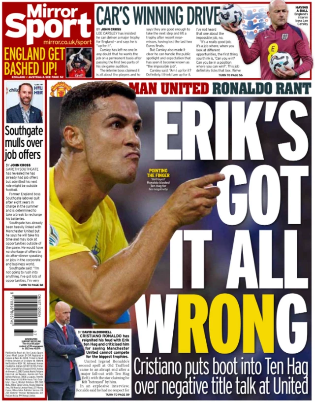 Back page of the Daily Mirror on 12 September 2024