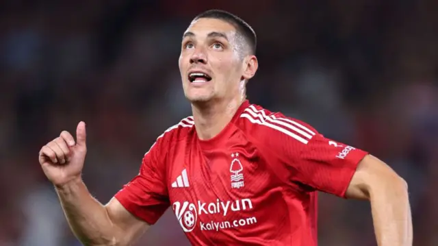 Nikola Milenkovic looks up for the ball while playing for Nottingham Forest