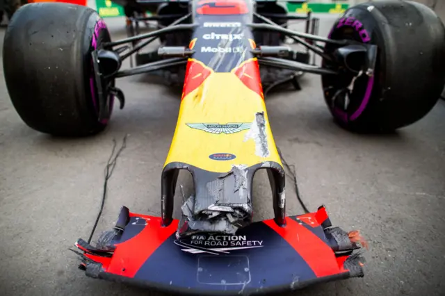 Ricciardo's car after crashing with Verstappen