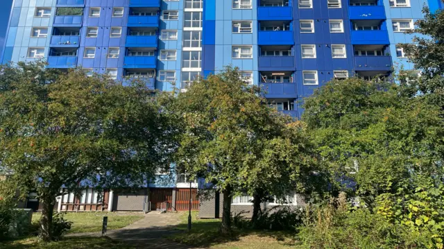 The block of flats towers above some green trees. A concrete path leads to the brown wooden entrance.