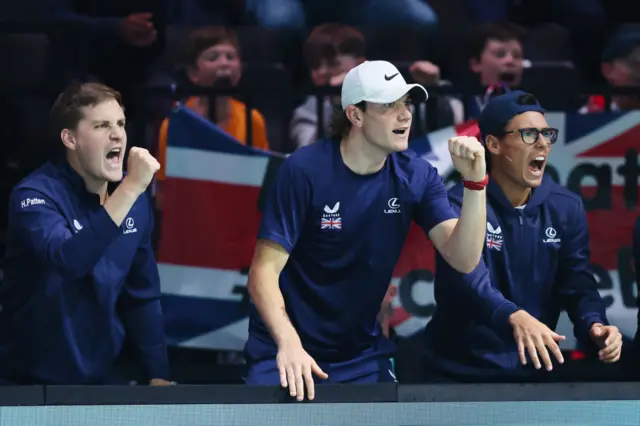 Jack Draper and Henry Patten of Great Britain react during the 2024 Davis Cup Finals