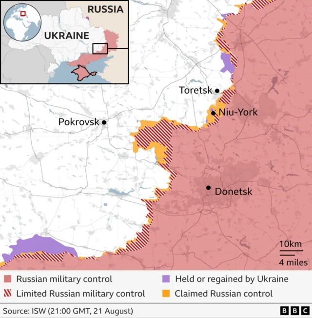 A of the Donetsk region, showing vast swathes in red to represent Russian control, approaching Pokrovsk.