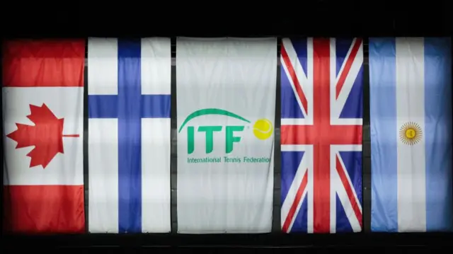 General view of ITF branding inside the stadium prior to the 2024 Davis Cup Finals Group Stage at AO Arena