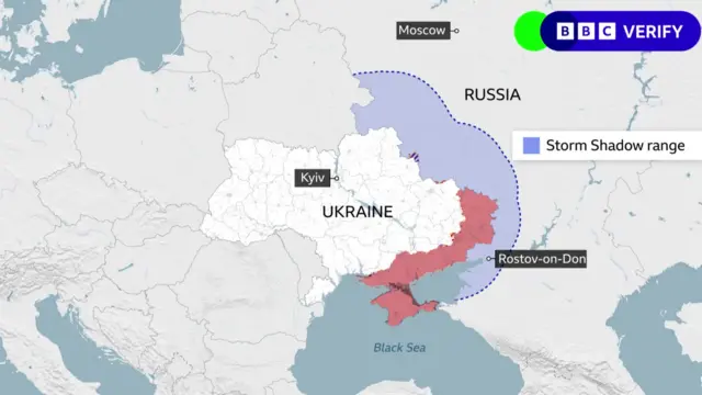 A graphic showing how far Shadow Storm missiles can reach into Russia from the eastern border of Ukraine