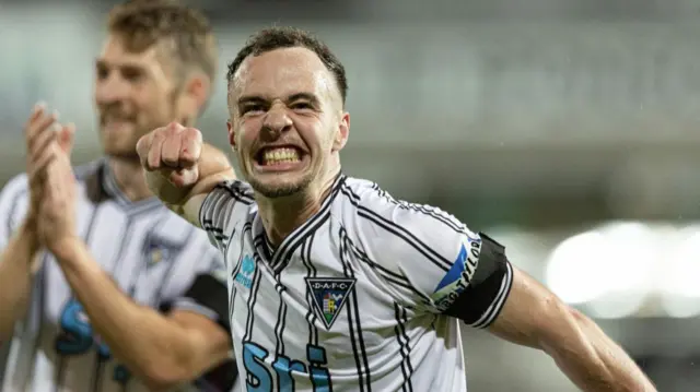 DUNFERMLINE, SCOTLAND - SEPTEMBER 13: Dunfermline's Chris Hamilton celebrates at full time during a William Hill Championship match between Dunfermline and Raith Rovers at KDM Group East End Park, on September 13, 2024, in Dunfermline, Scotland. (Photo by Mark Scates / SNS Group)