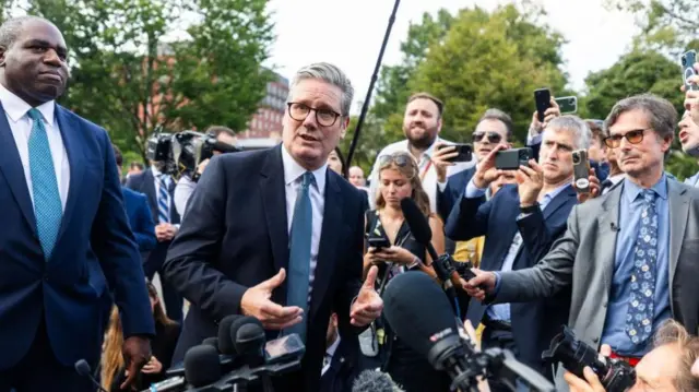 Prime Minister of the United Kingdom Keir Starmer (C), speaks to the media outside the West Wing of the White House after meeting with US President Joe Biden in Washington, DC, USA, 13 September 2024.