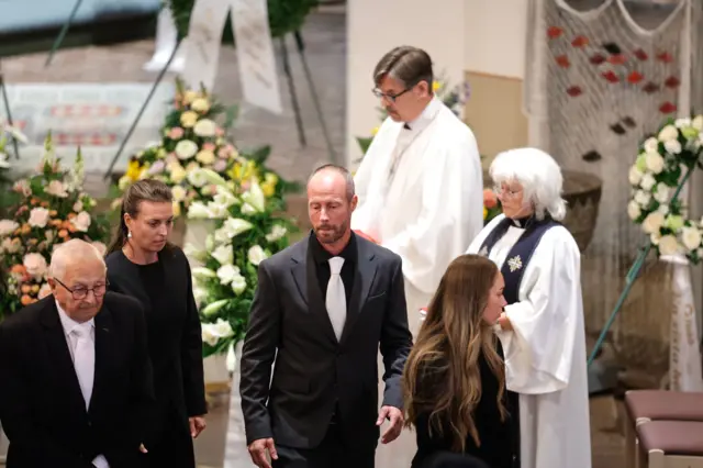 (L-R) Sven-Goran Eriksson's 95-year-old father Sven, daughter Lina and son Johan