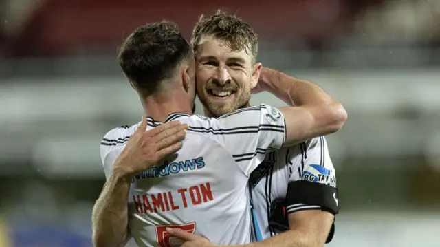 DUNFERMLINE, SCOTLAND - SEPTEMBER 13: Dunfermline's David Wotherspoon celebrates at full time during a William Hill Championship match between Dunfermline and Raith Rovers at KDM Group East End Park, on September 13, 2024, in Dunfermline, Scotland. (Photo by Mark Scates / SNS Group)