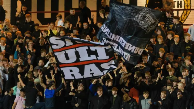 DUNFERMLINE, SCOTLAND - SEPTEMBER 13: A Dunfermline fan banner during a William Hill Championship match between Dunfermline and Raith Rovers at KDM Group East End Park, on September 13, 2024, in Dunfermline, Scotland. (Photo by Mark Scates / SNS Group)