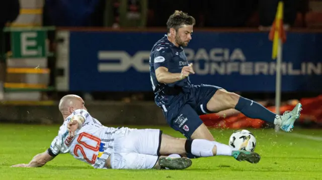 DUNFERMLINE, SCOTLAND - SEPTEMBER 13: Raith's Lewis Stevenson (R) and Dunfermline's Chris Kane in action during a William Hill Championship match between Dunfermline and Raith Rovers at KDM Group East End Park, on September 13, 2024, in Dunfermline, Scotland. (Photo by Mark Scates / SNS Group)