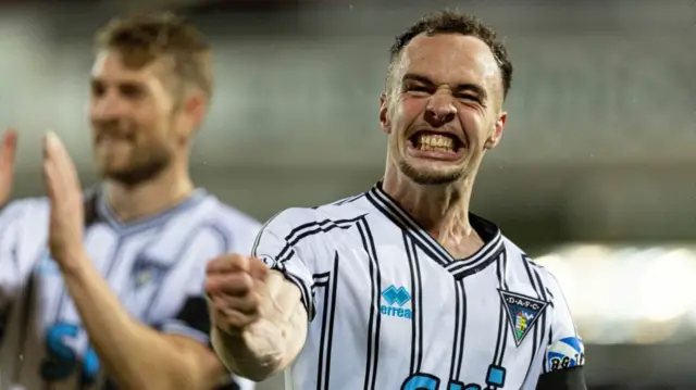 DUNFERMLINE, SCOTLAND - SEPTEMBER 13: Dunfermline's Chris Hamilton celebrates at full time during a William Hill Championship match between Dunfermline and Raith Rovers at KDM Group East End Park, on September 13, 2024, in Dunfermline, Scotland. (Photo by Mark Scates / SNS Group)