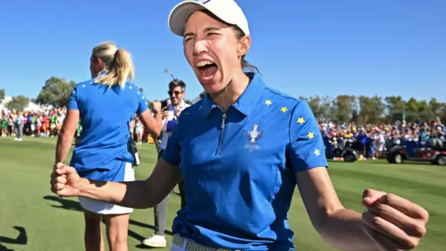 Carlota Ciganda celebrates the closing putt at the Solheim Cup