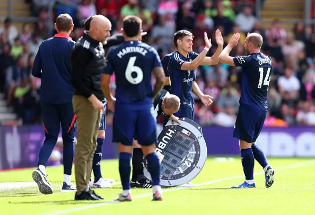 Manuel Ugarte of Manchester United is substituted on for Christian Eriksen