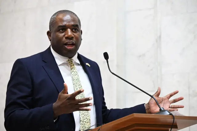 David Lammy stands at a podium talking into a microphone.