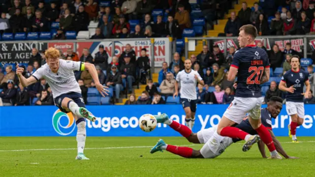 DINGWALL, SCOTLAND - SEPTEMBER 14: Dundee's Simon Murray has a goal ruled out for offside during a William Hill Premiership match between Ross County and Dundee at the Global Energy Stadium, on September 14, 2024, in Dingwall, Scotland. (Photo by Paul Devlin / SNS Group)