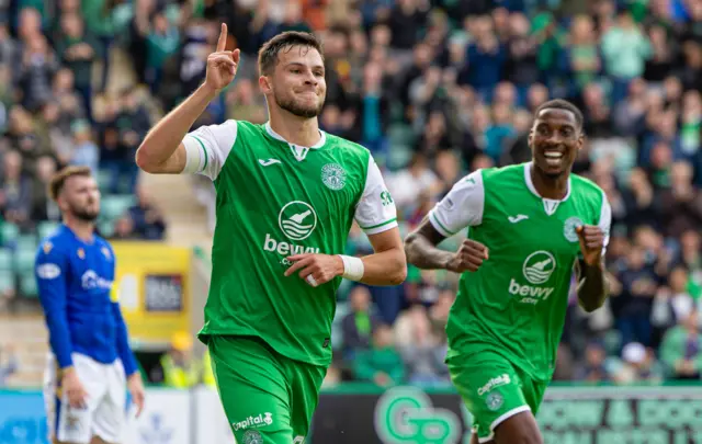 Hibs' Mykola Kuharevich celebrates scoring to make it 1-0 during a William Hill Premiership match between Hibernian and St Johnstone at Easter Road